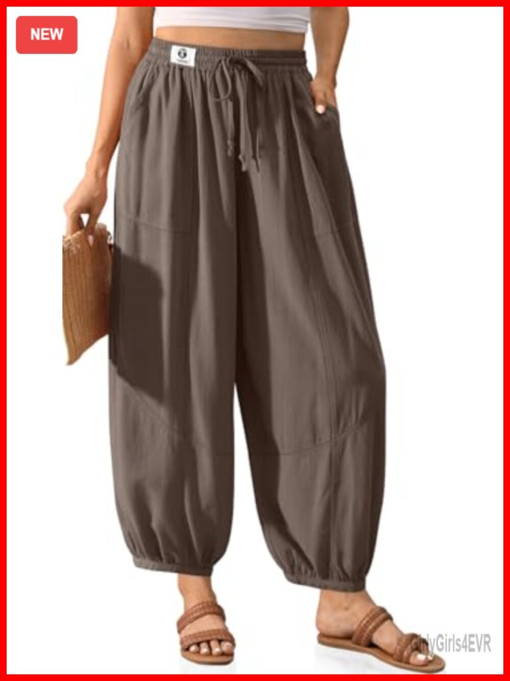 Linen Blend Barrel Harem Pants with Pockets Drawstring Wide Leg Cropped Casual
